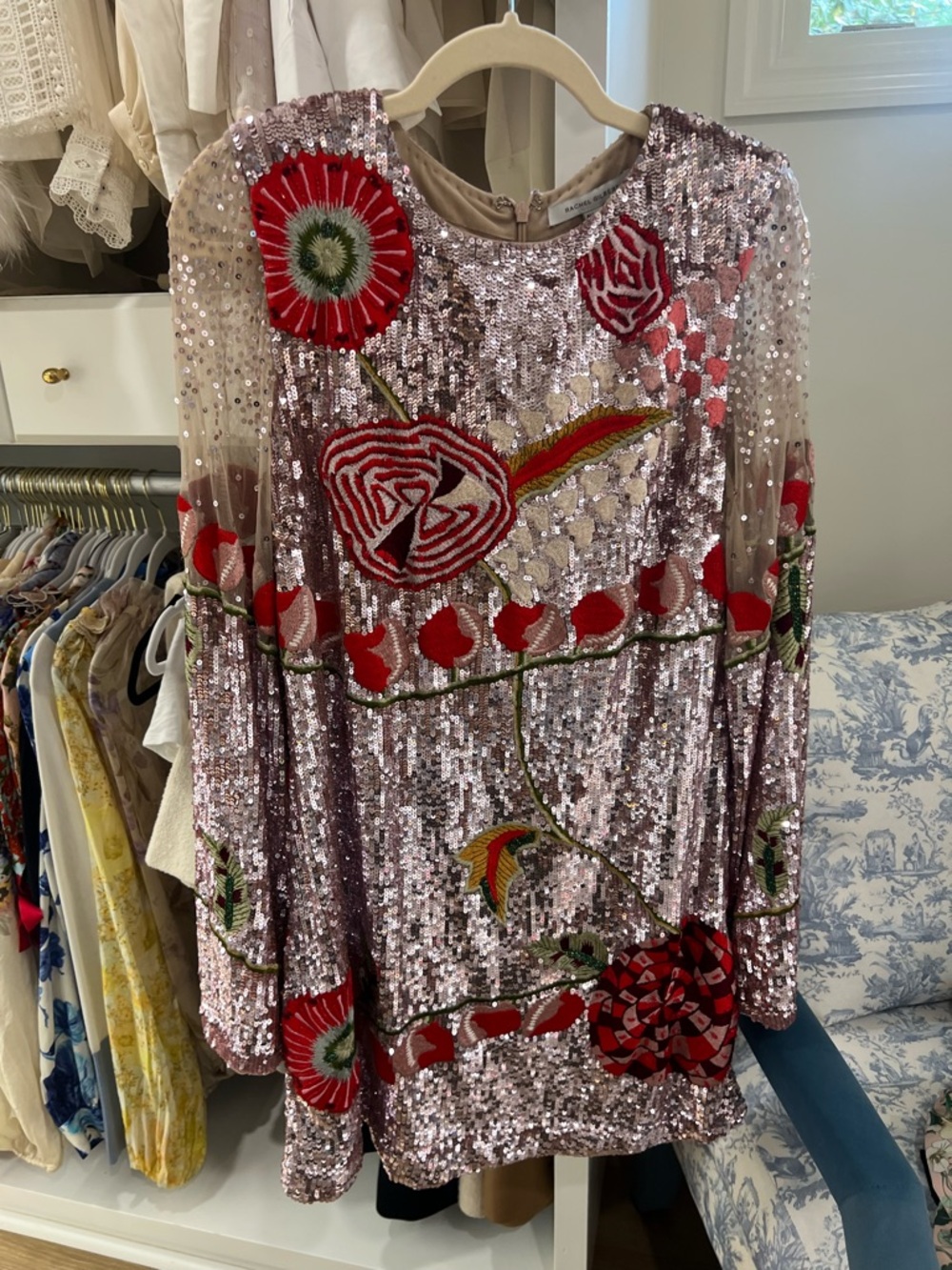 Rachel Gilbert Pink Sequin Floral Mini Dress with Red and Green Embroidery